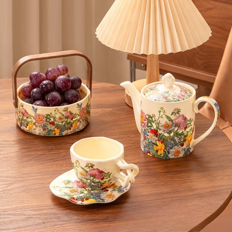 Coffee Tea Gift Basket - Avrupa Vintage Çiçek Desenli Seramik Çay