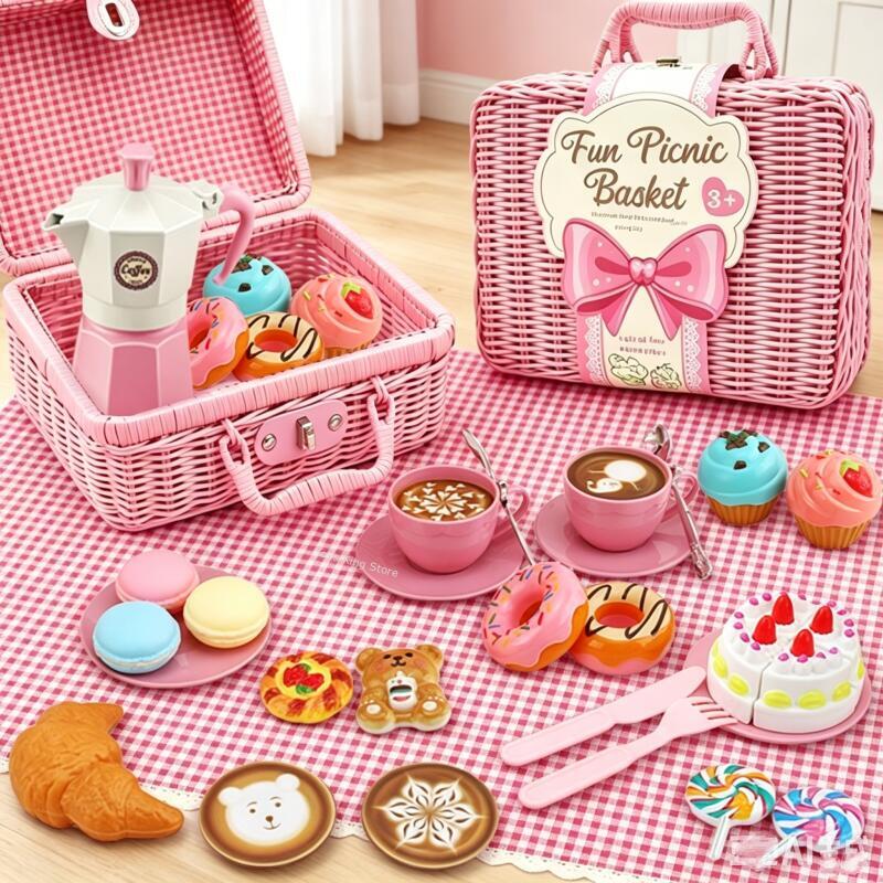 Coffee Tea Gift Basket - Simülasyon Piknik Yiyecekleri Sepetli Mutfak Oyuncakları